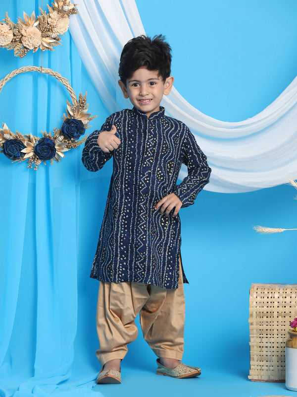 Boy's' Blue Bandhni Print Kurta And Rose Gold Patiyala Set